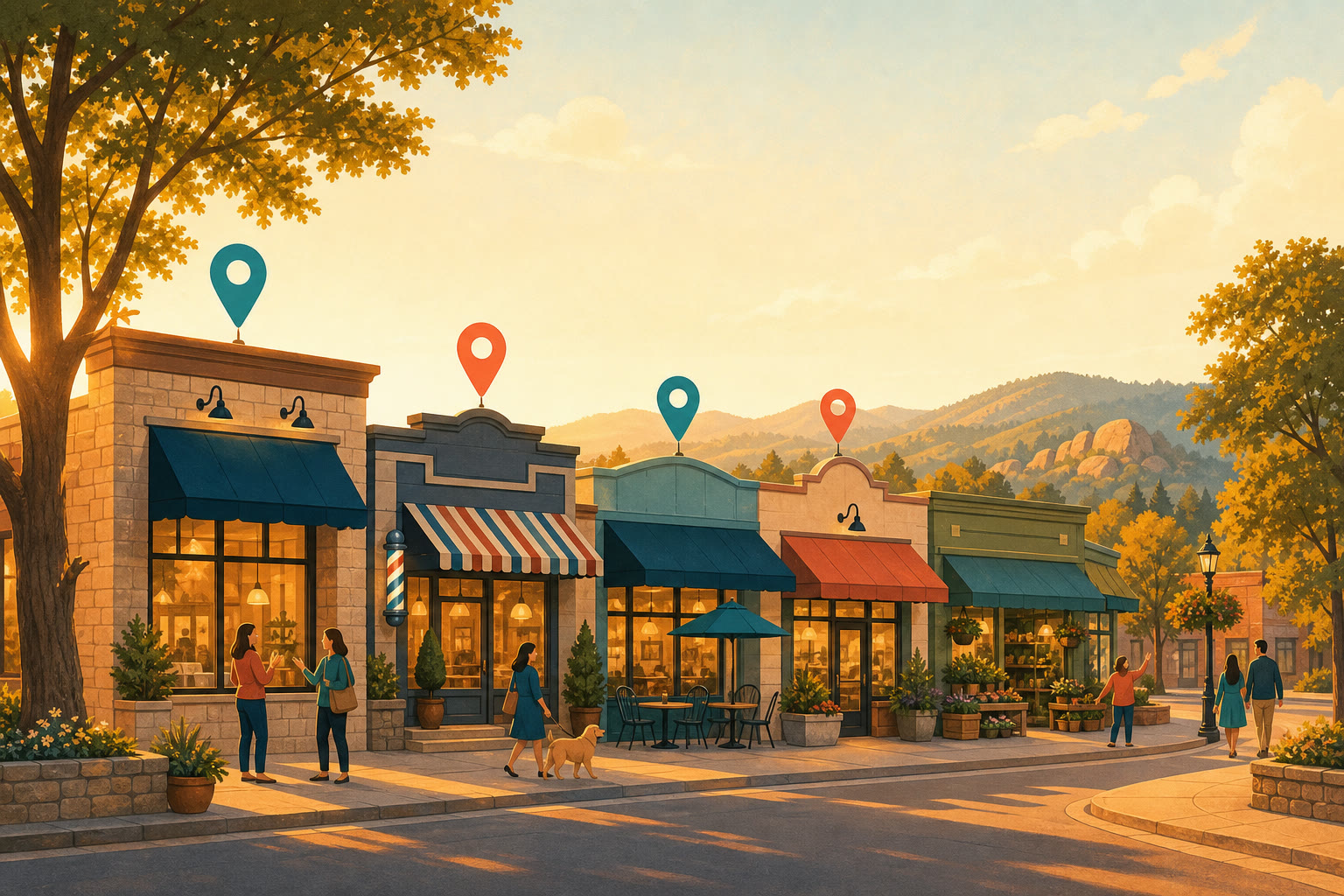 Warm illustration of a Rocklin, California main street at golden hour with local storefronts, oak trees, Sierra foothills, and friendly map pins above the shops