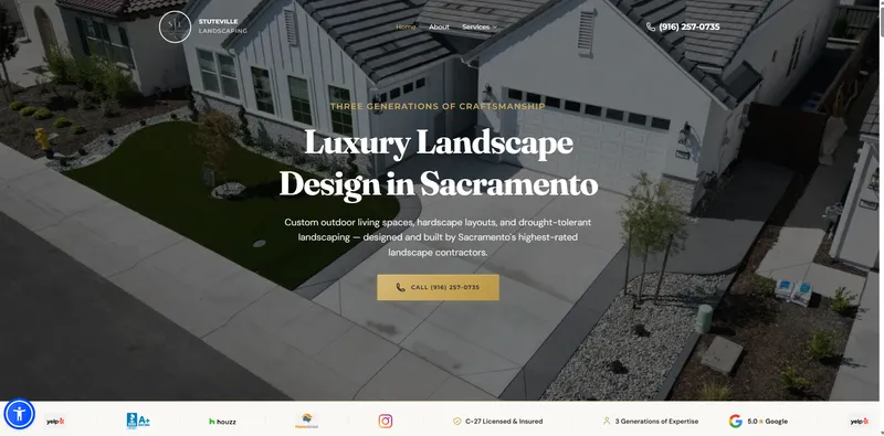 Stuteville Landscaping new website by PipelineOS - bold headline, clear CTA, trust strip with 5-star rating