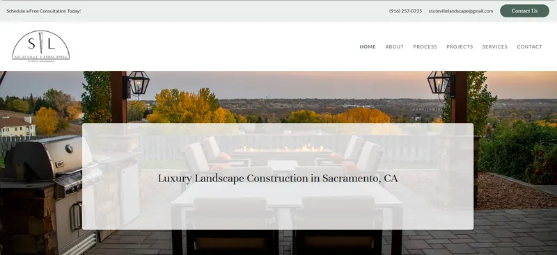 Stuteville Landscaping old website - washed out hero, small heading, no clear call to action