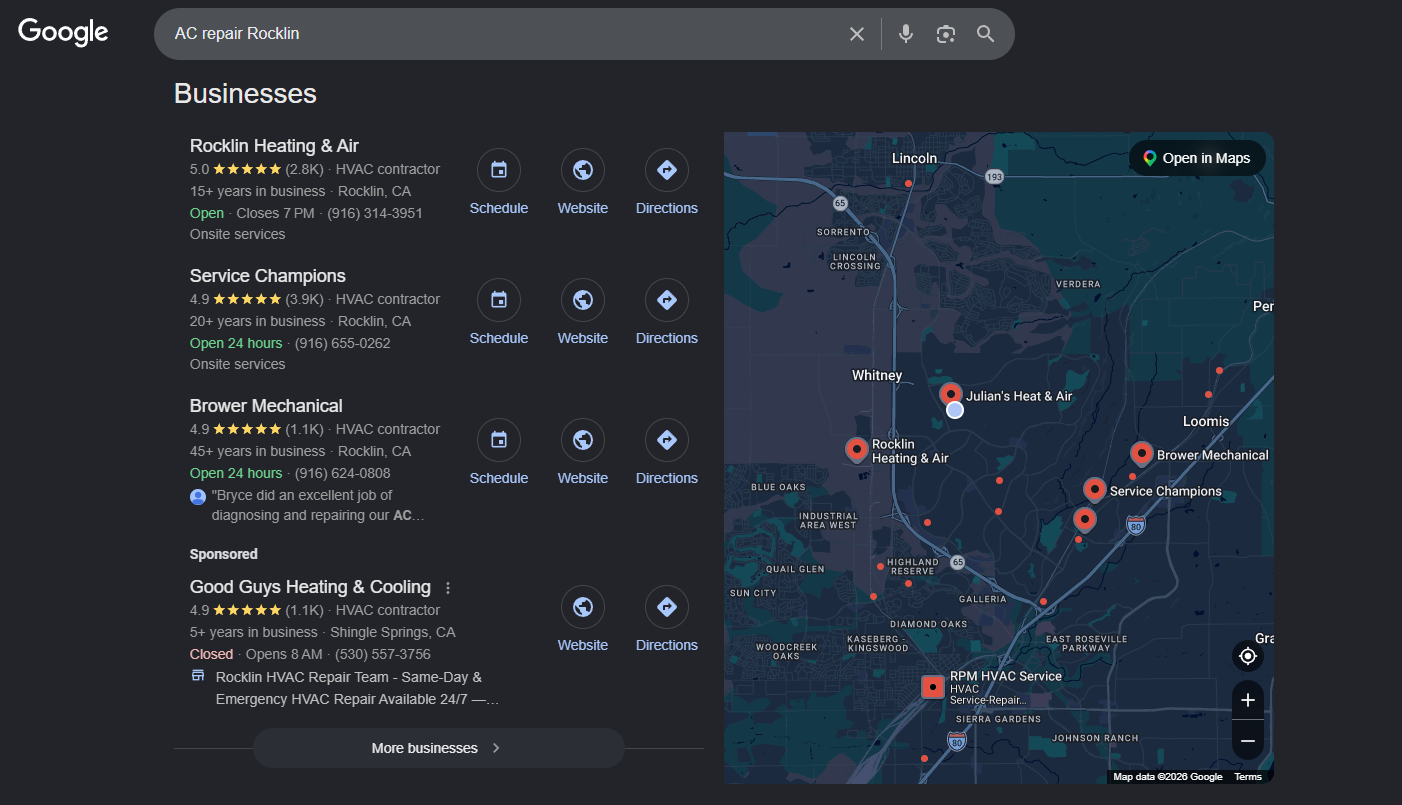 Google search results for AC repair Rocklin showing the local map pack with Rocklin Heating & Air, Service Champions, and Brower Mechanical alongside a map of HVAC contractors in Rocklin and Loomis.